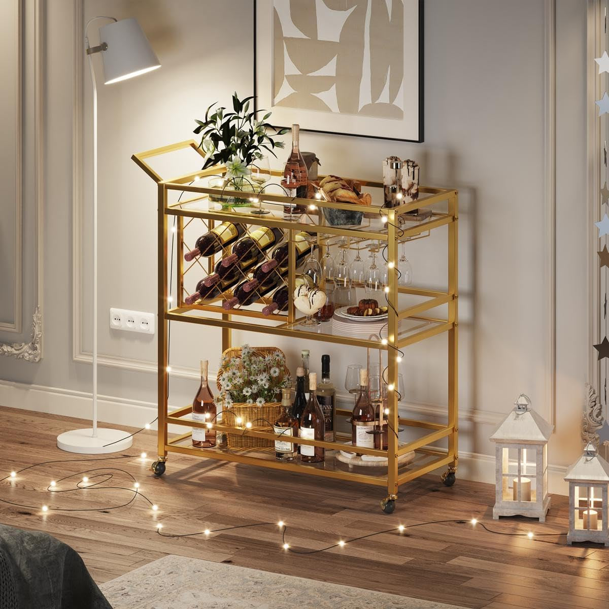 Bar Cart Gold, Home Bar Serving Cart with Wine Rack and Glasses Holder, Wine Carts on Wheels with 3 Tier Mirrored Shelves for Liquor and Beverage (Gold)