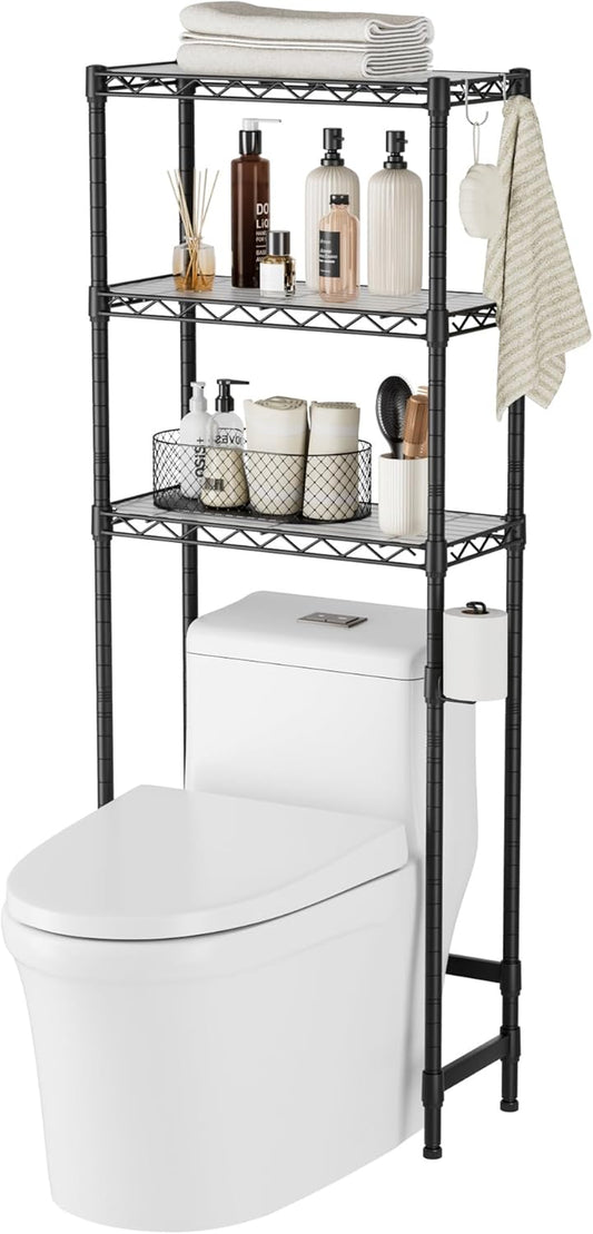 Over the Toilet Storage Shelf：3-Tier Bathroom Organizer and Storage Shelf with Adjustable Shelf and Basket Freestanding Space Saver above Toilet for Room Black