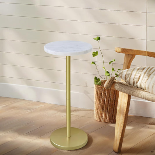 Nature Marble Drink Table, Pedestal Table, Small round Side Table, Martini Table for Living Room, Bathroom, Small Space (White)
