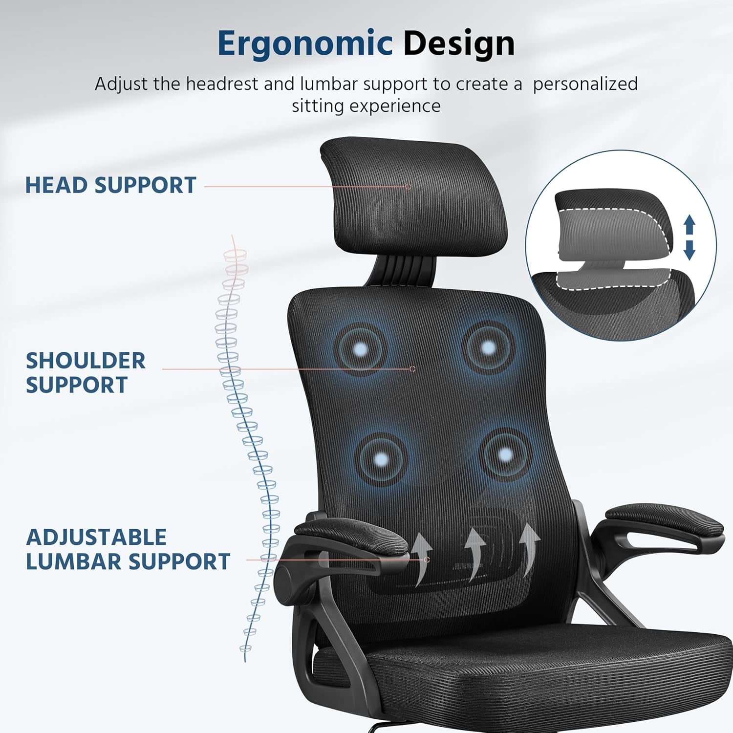Ergonomic Office Chair, High Back Desk Chair with Headrest and Flip-Up Armrest Lumbar Support for Home Office Meeting Room Study, Black
