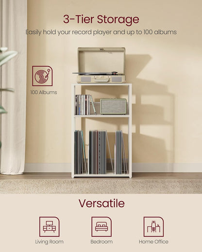 Record Player Stand, 3-Tier Side Table, Vinyl Record Storage up to 100 Albums, End Table for Living Room, Bedroom, Rustic White ULET275W01