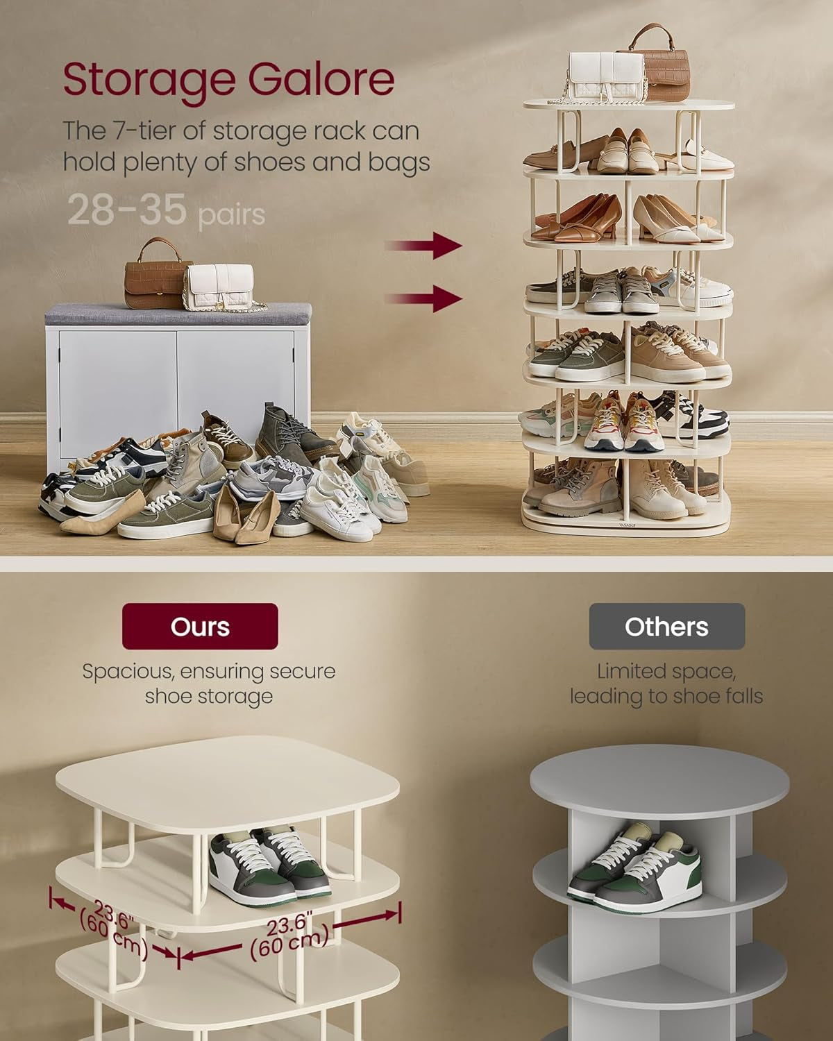 7-Tier Shoe Rack, Rotating Shoe Rack Tower, Shoe Closet Organizer, Shoe Shelf, 28-35 Pairs, 23.6 X 23.6 X 47.2 Inches, for Entryway, Living Room, Closet, Cream White ULBS041W01