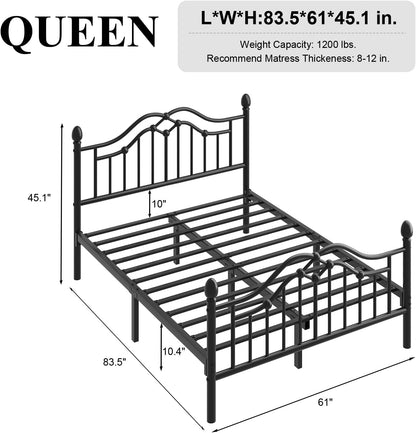 Queen Metal Bed Frame with Headboard and Footboard, Modern Iron Platform Bed Frame Support up to 1200LBS, under Bed Storage, No Box Spring Needed, Easy Assembly, Black