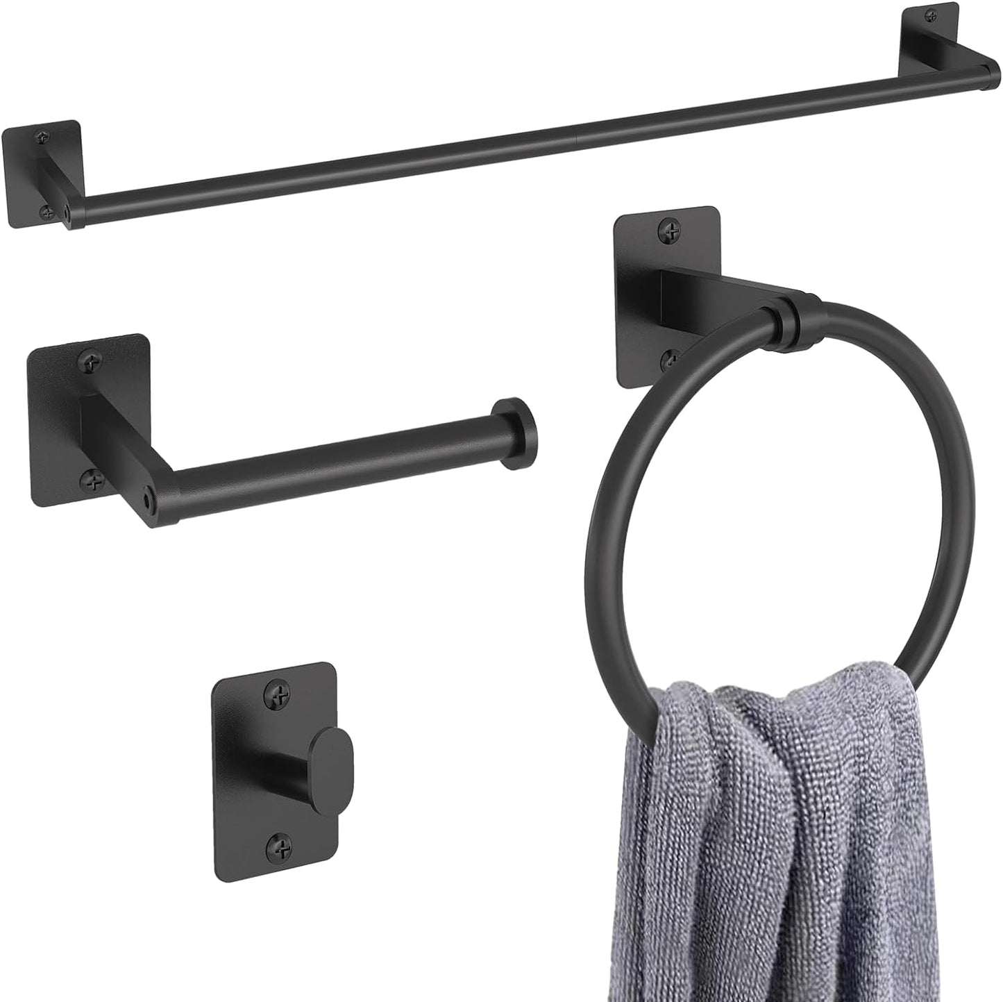 Matte Black Bathroom Accessories Set,  4 Pieces Bathroom Hardware Set, 24 Inch Towel Bar, Towel Racks for Bathroom, Robe Towel Hooks, Toilet Paper Holder Wall Mounted
