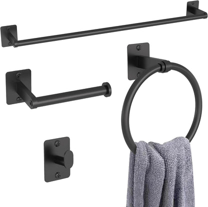 Matte Black Bathroom Accessories Set,  4 Pieces Bathroom Hardware Set, 24 Inch Towel Bar, Towel Racks for Bathroom, Robe Towel Hooks, Toilet Paper Holder Wall Mounted