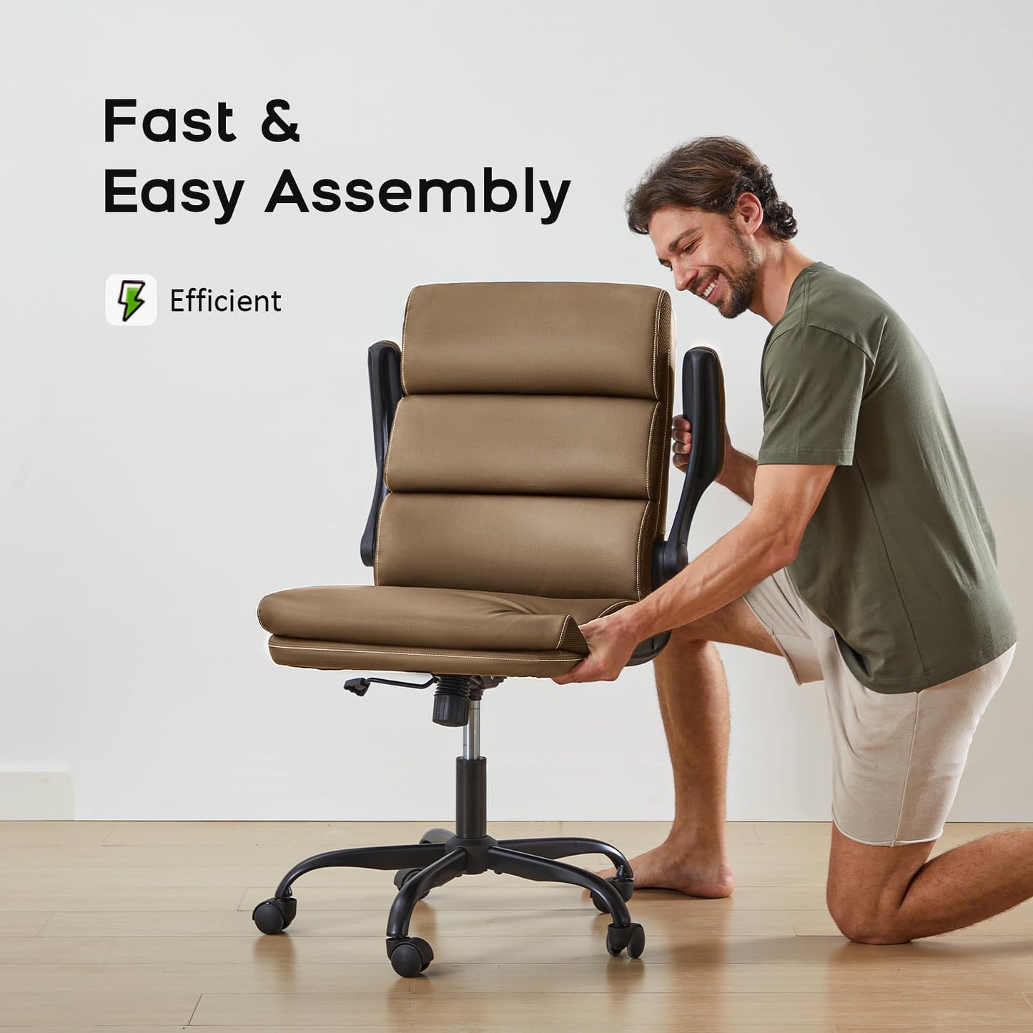 Office Chair Adjustable Desk Chair Mid Back Executive Comfortable Bonded Leather Ergonomic Back Support Home Computer Chairs with Padded Flip-Up Armrest Swivel Wheels (Tan)