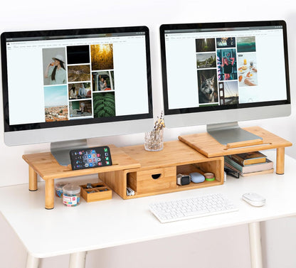 Dual Monitor Stand Riser with Drawer for Desk Laptop Desk Shelf with Adjustable Length and Angle, Bamboo Computer Stand Riser for 2 or 3 Monitors Screen Laptop PC TV -Natural