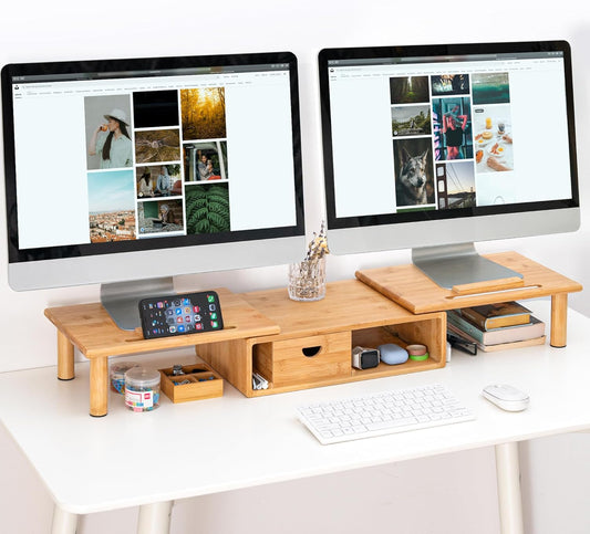 Dual Monitor Stand Riser with Drawer for Desk Laptop Desk Shelf with Adjustable Length and Angle, Bamboo Computer Stand Riser for 2 or 3 Monitors Screen Laptop PC TV -Natural