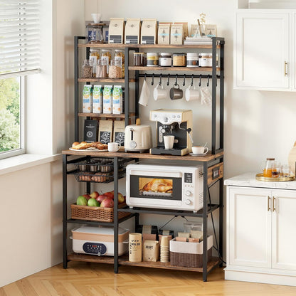 Kitchen Bakers Rack with Power Outlets, 35.4X15.7X70.9 Inch Microwave Stand with Built-In Power Strip & 5 Ft Cord, 10 S-Shaped Hooks, for Dish Storage, Spice Jars, Coffee Bar Organization