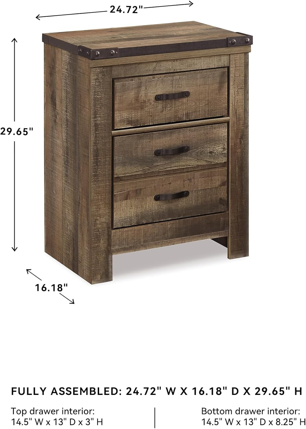 Signature Design by Ashley Trinell Rustic 2 Drawer Nightstand with USB Charging Stations, 29.65" Tall, Warm Brown