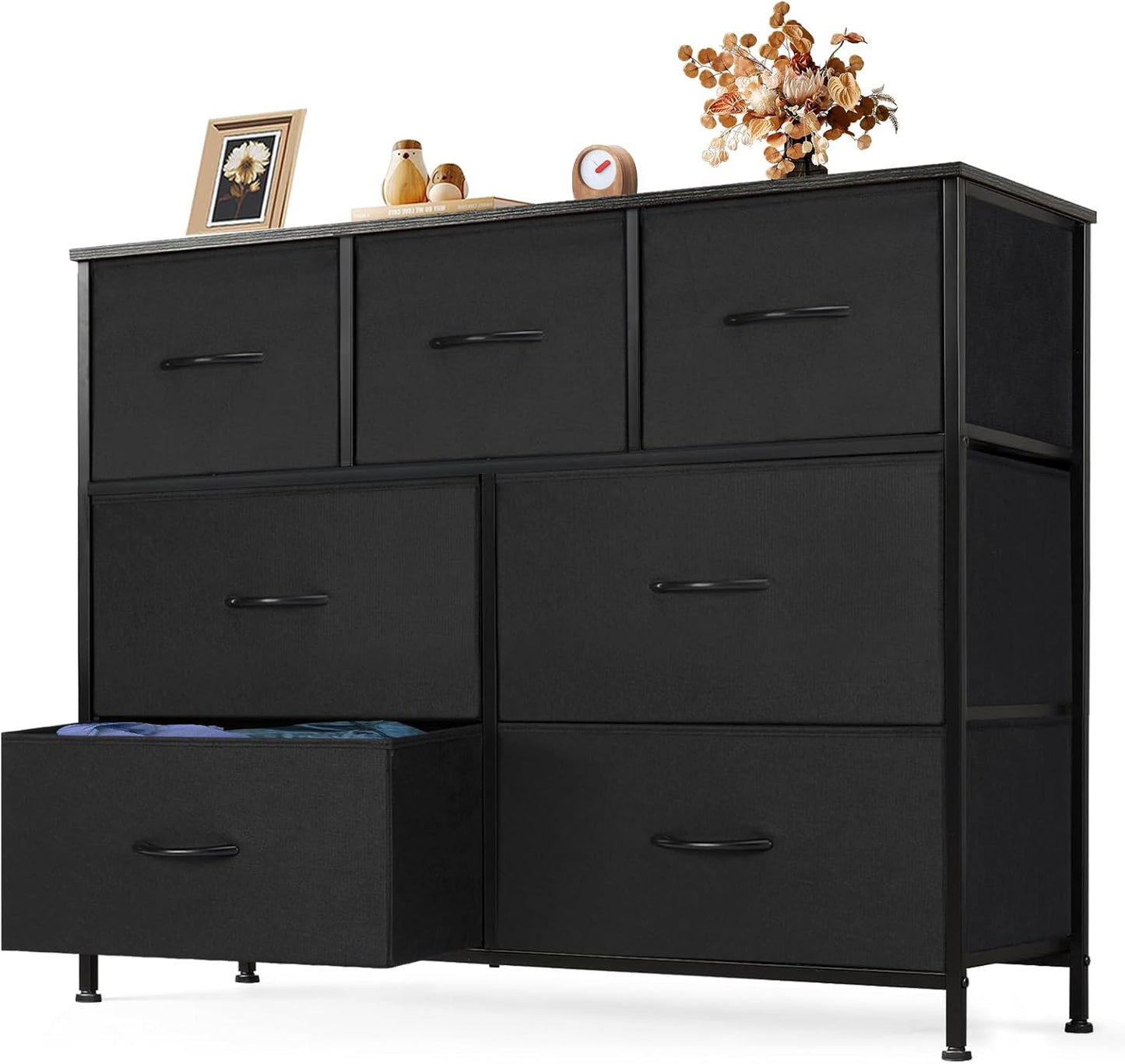 Fabric Storage Tower Dresser with 7 Drawers TV Stand Organizer Sturdy Steel Frame Wood Top for Closet Bedroom Hallway,Black