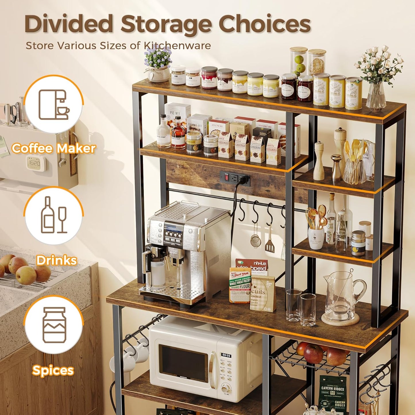 Large Bakers Rack with Power Outlets, 6-Tier Microwave Stand, Coffee Bar with 12 S-Shaped Hooks, Kitchen Shelf with Wire Basket, 39.4 X 14.6 X 66.9 Inches, Rustic Brown