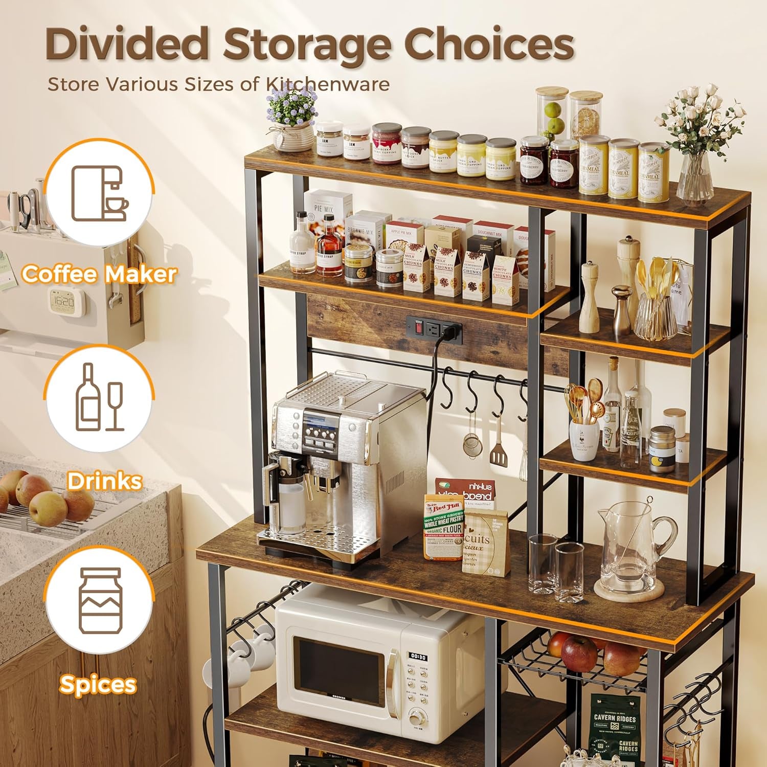 Large Bakers Rack with Power Outlets, 6-Tier Microwave Stand, Coffee Bar with 12 S-Shaped Hooks, Kitchen Shelf with Wire Basket, 39.4 X 14.6 X 66.9 Inches, Rustic Brown