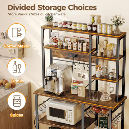 Large Bakers Rack with Power Outlets, 6-Tier Microwave Stand, Coffee Bar with 12 S-Shaped Hooks, Kitchen Shelf with Wire Basket, 39.4 X 14.6 X 66.9 Inches, Rustic Brown