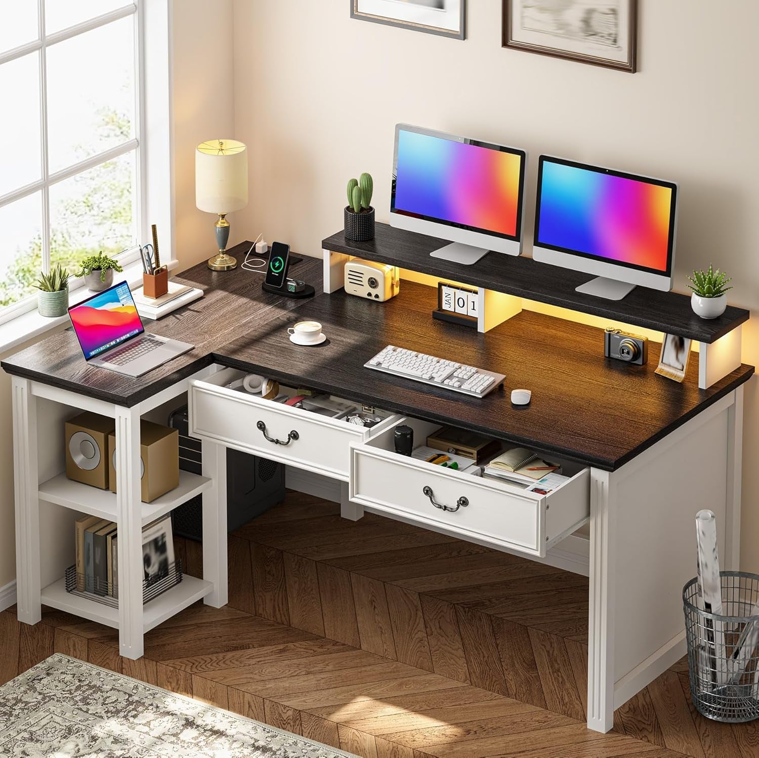 55" L Shaped Farmhouse Computer Desk with Drawers, Office Desk with Long Monitor Stand & Storage Shelves for Bedroom, Desk for Home Office, Desks with Power Outlets & LED Lights, Study Room