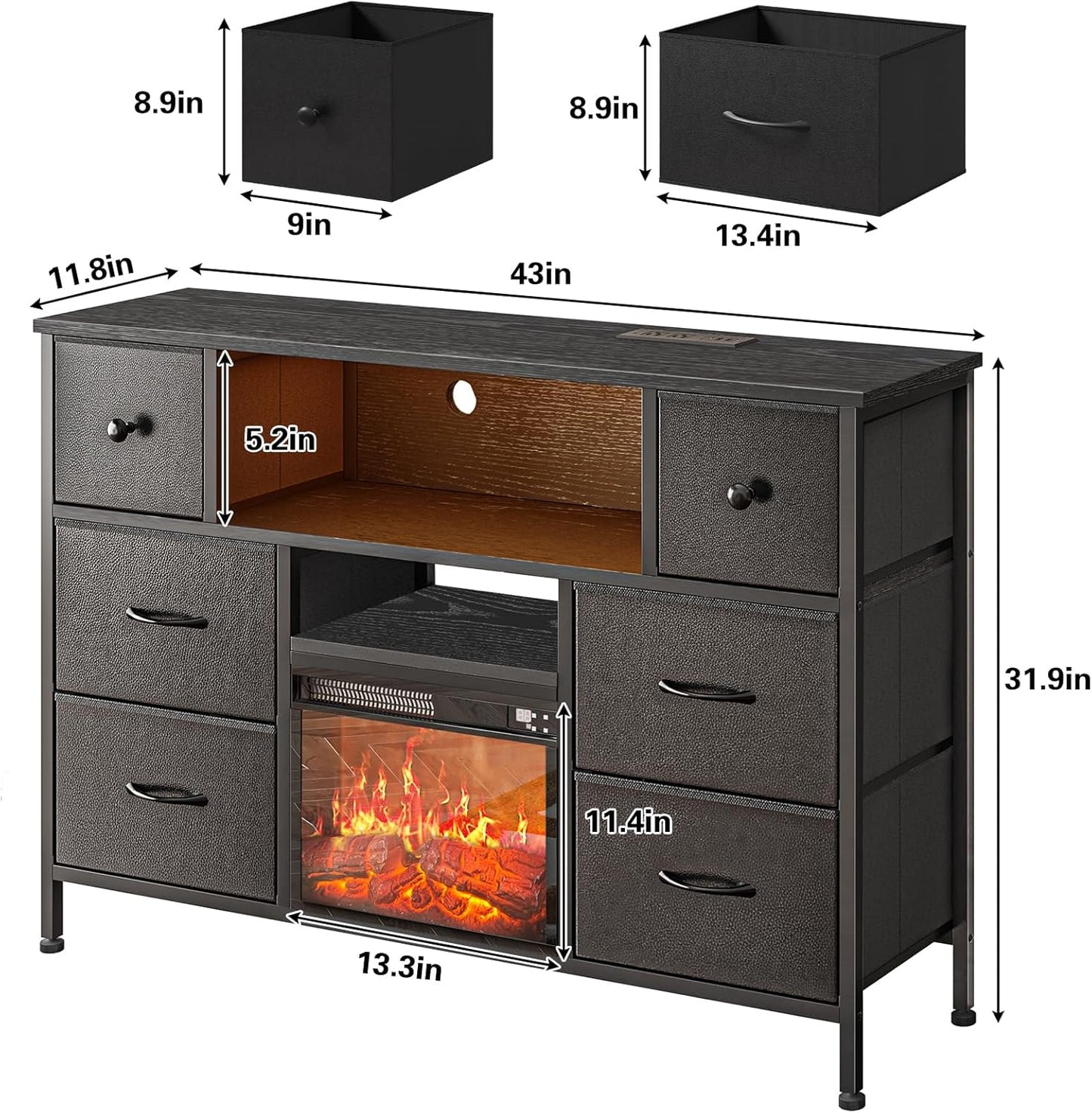 TV Stand with Fireplace, Entertainment Center with Power Outlets and LED Lights, TV Stand Dresser for 50 Inch TV, 6 Drawers with Open Shelves, for Living Room, Black