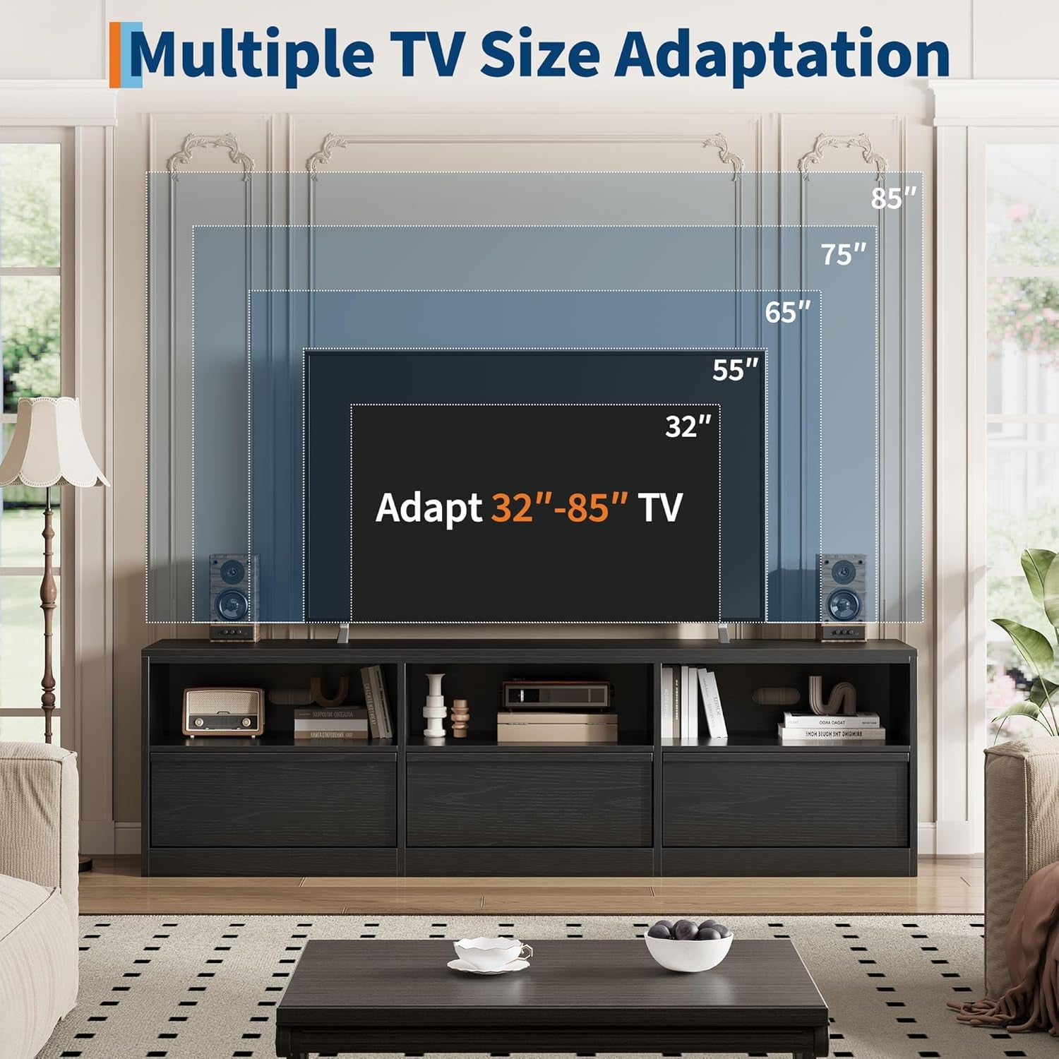 70 Inch TV Stand for 80" Tvs, Mid Century Modern Entertainment Center with Storage Drawer & Open Shelves, Wood Media Console Cabinet for Living Room/Bedroom, Black