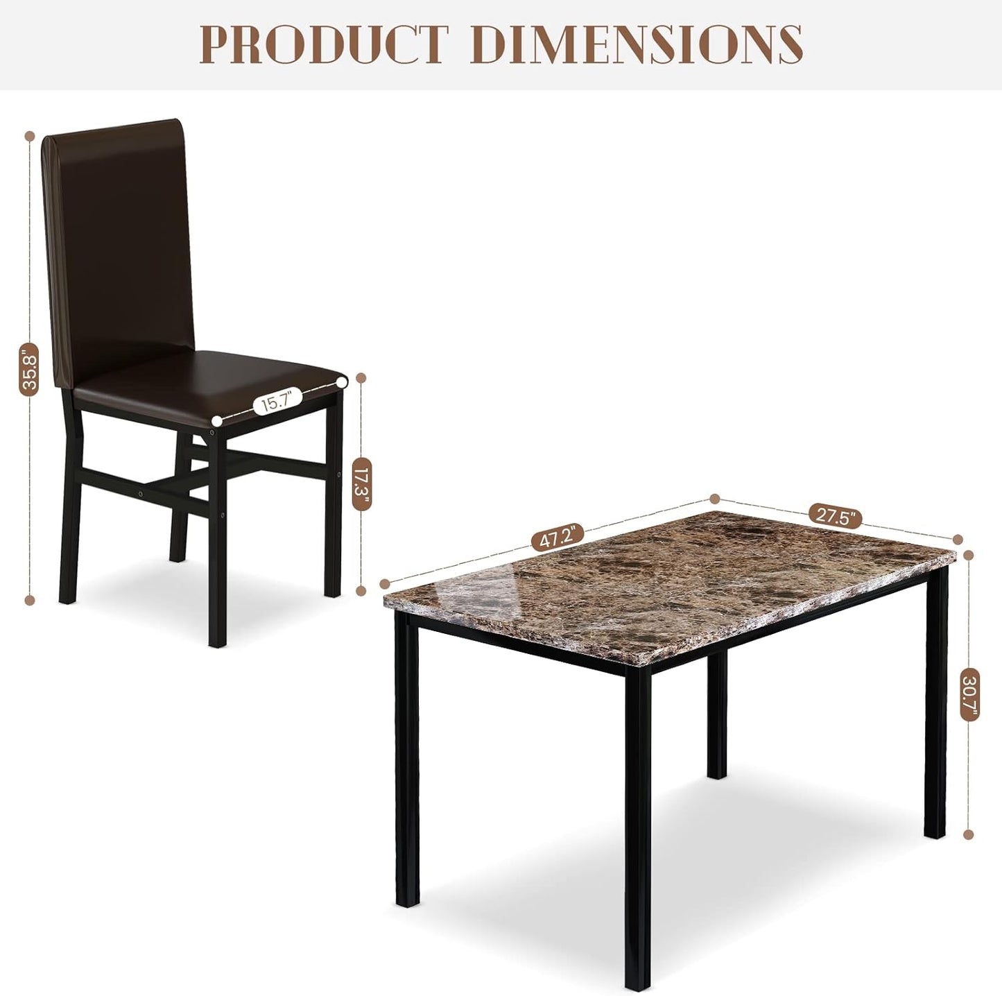5 Piece Dining Table Set for 4,Faux Marble Kitchen Table and Chairs for 4, Modern Dining Room Table with 4 Chairs,Dinner Table Set for Small Spaces, Brown