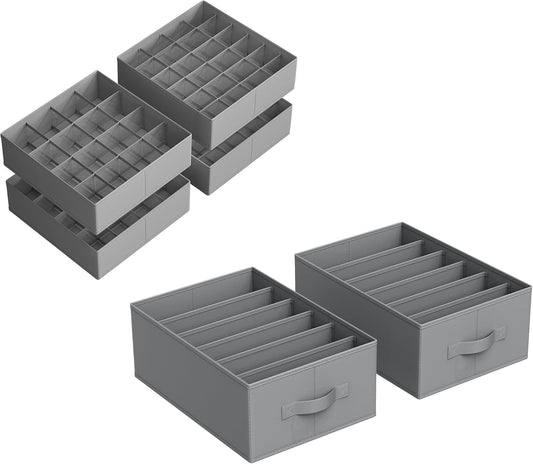 Set of 2 Large Size Clothes Organizers Bundle with Set of 4 Drawer Organizers, with Handles, Foldable, for Pants, Sweaters, Socks, Ties, Belts, Dove Gray URUS009G02 and URUS011G01