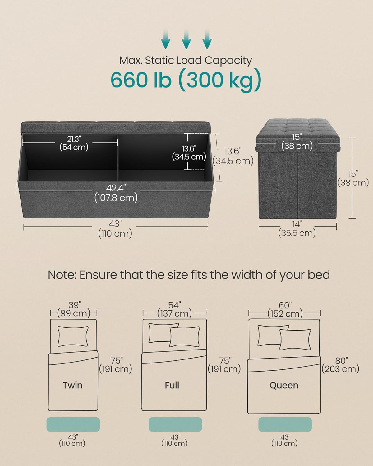 MAZIE Collection - 43 Inches Folding Storage Ottoman Bench, Ottoman Foot Rest, End of Bed Bench, Storage Chest, Load 660 Lb, for Living Room, Bedroom, Entryway, Dark Gray ULSF77K