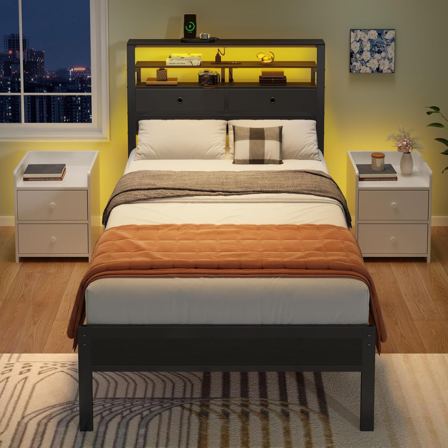 Twin Bed Frames with Charging Station and LED Lights, Wood Headboard with 2 Fabric Drawers and Storage Shelves, Twin Size Platform Bed with Metal Slats, No Box Spring Needed, Black Oak