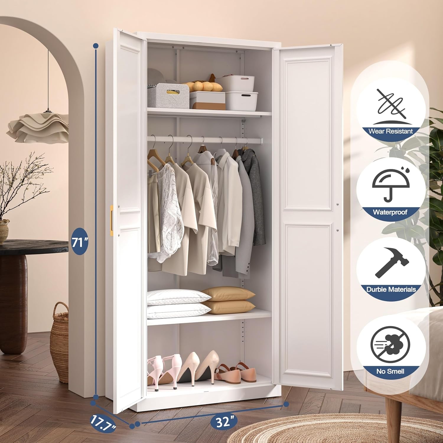 Metal Wardrobe Cabinets，Armoire Wardrobe Closet with Hanging Rod,Clothes Storage Cabinet with Adjustable Shelves and Doors, Clothing Cabinet for Bedroom, Office, Laundry Room