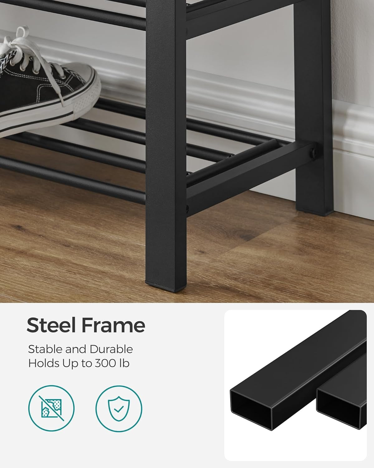 Shoe Bench, Storage Bench, Entryway Bench with Cushion, Shoe Shelf with Seat, Space-Saving, Modern Style, for Living Room, Bedroom, Hallway, Dark Gray and Ink Black ULBS57GYZ