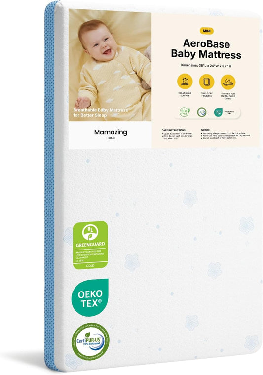 Aerobase Mini Crib Mattress 38" L X 24" W, 2-Stage Breathable Mattress, Non-Toxic, Waterproof Sleep Surface, Machine-Washable Outer Cover for Easy Care, Fits Mini Size & Portable Crib
