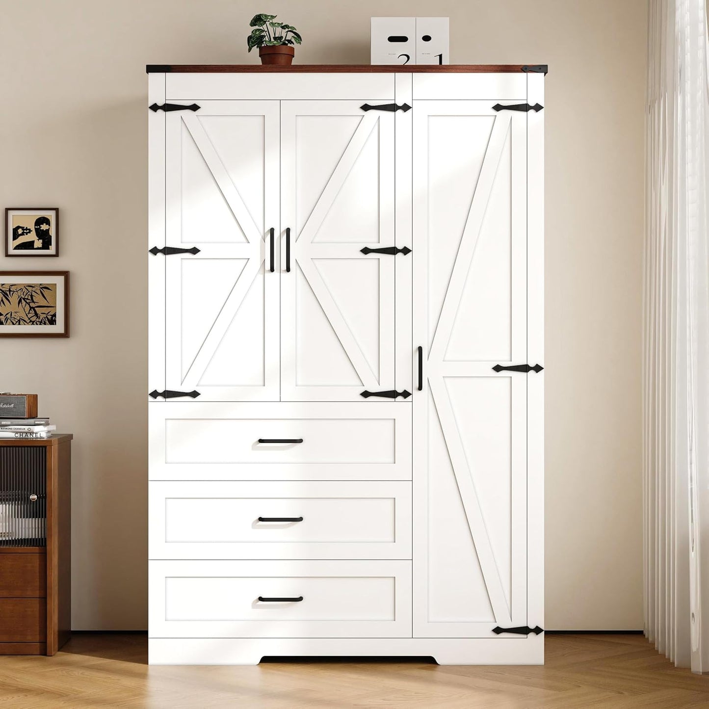 3 Door Armoire Wardrobe Closet Cabinet with 3 Drawers and Drawers, Farmhouse Bedroom Armoire with Hanging Rod and Adjustable Shelves, Large Capacity Storage Wardrobe Armoire for Bedroom, White