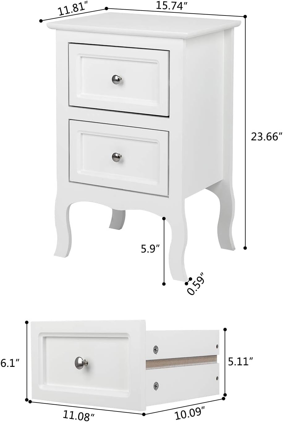 White Nightstand Set of 2, Nightstands with 2 Drawers, Bed Side Table/Night Stand, Small Nightstand for Bedroom, Small Spaces, College Dorm, Kids’ Room, Living Room, Wood, 16W X 12D X 24H