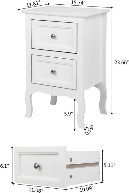 White Nightstand Set of 2, Nightstands with 2 Drawers, Bed Side Table/Night Stand, Small Nightstand for Bedroom, Small Spaces, College Dorm, Kids’ Room, Living Room, Wood, 16W X 12D X 24H