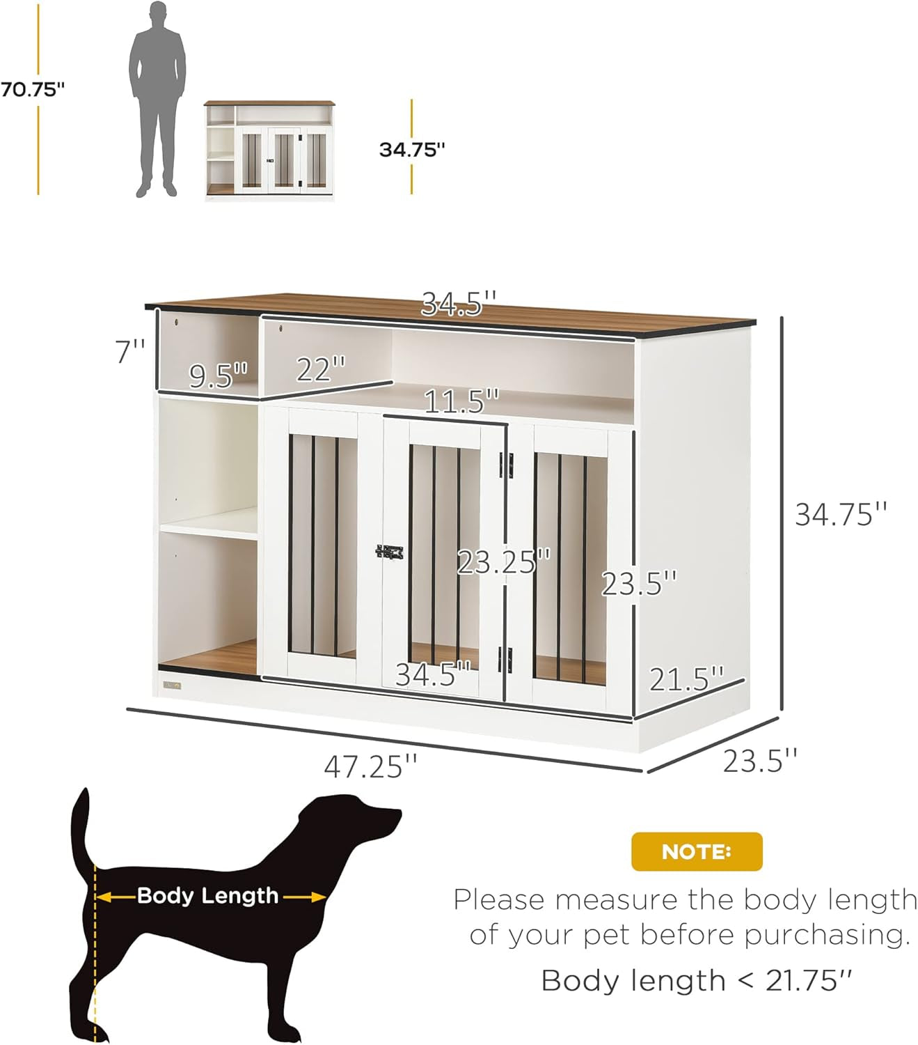Dog Crate Furniture with Adjustable Shelf, Dog Crate End Table, Indoor Pet Crate for Medium and Large Dogs, with Large Flat Surface, 47" X 23.5" X 35", White