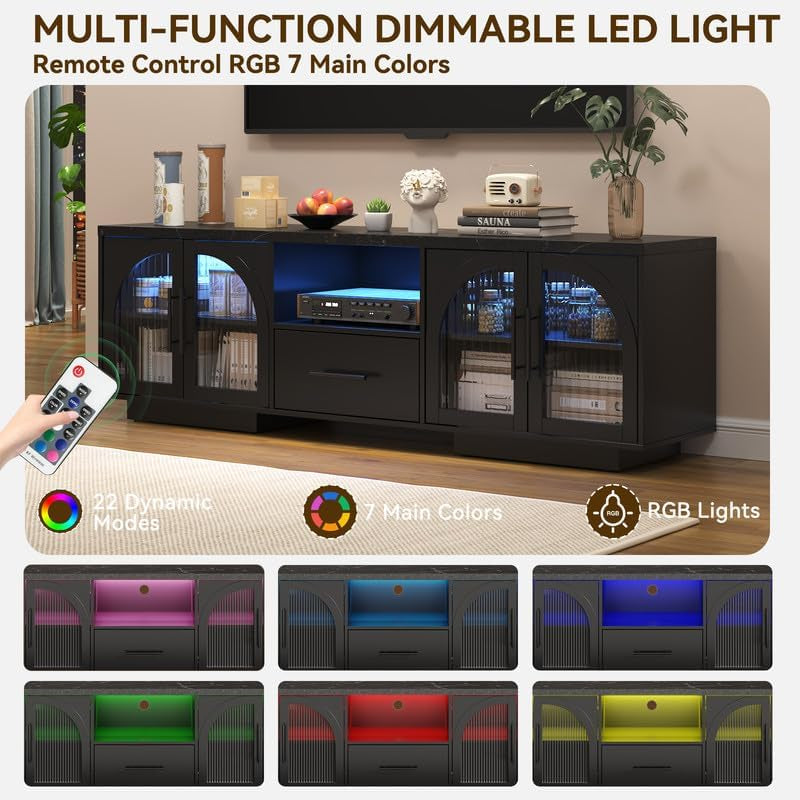 70" LED TV Stand with Storage for 75/80" Tvs, Faux Marble Entertainment Center with Arched Fluted Glass Doors - Modern Television Stands Console for Living Room, Bedroom, Black