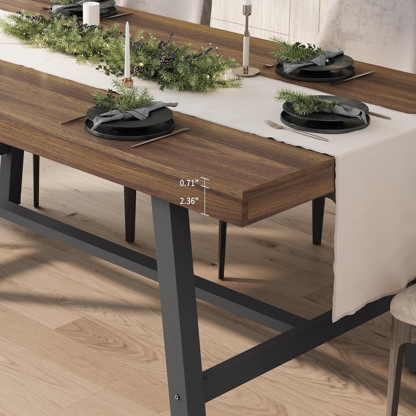 Industrial Dining Table for 6-8 People, 70.87" Long Large Kitchen Table with Sturdy Metal Frame, Rectangular Counter for Dinner, Kitchen, Dining Room (Brown, 71" Non-Extendable)