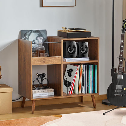 Mid-Century Vinyl Storage Cabinet Table with Solid Wood Legs, Turntable Stand with Power Outlet Holds up to 200 Albums, Record Player Holder Display Shelf, End Table for Bedroom Living Room