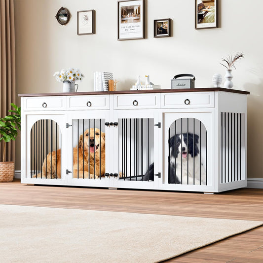 Large Dog Crate Furniture,74.8" Wooden Double Dog Kennel Cage Furniture Indoor for 2 Large Medium Dogs TV Stand with Divider and 2 Drawers,White