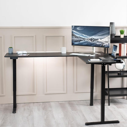 Corner Standing Desk, 75 X 63 Inch Reversible L-Shaped Workstation, Electric Height Adjustment, Home, Office, and Reception Rooms, Black Table Top Black Frame, DESK-E3CTB-75