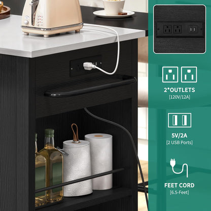 Kitchen Island with Drop Leaf, 47 Inch Mobile Stroage Islands with Stainless Steel Top, Rolling Island Table with Power Outlet, Adjustable Shelves, Spice Rack, Towel Rack for Kitchen, Black