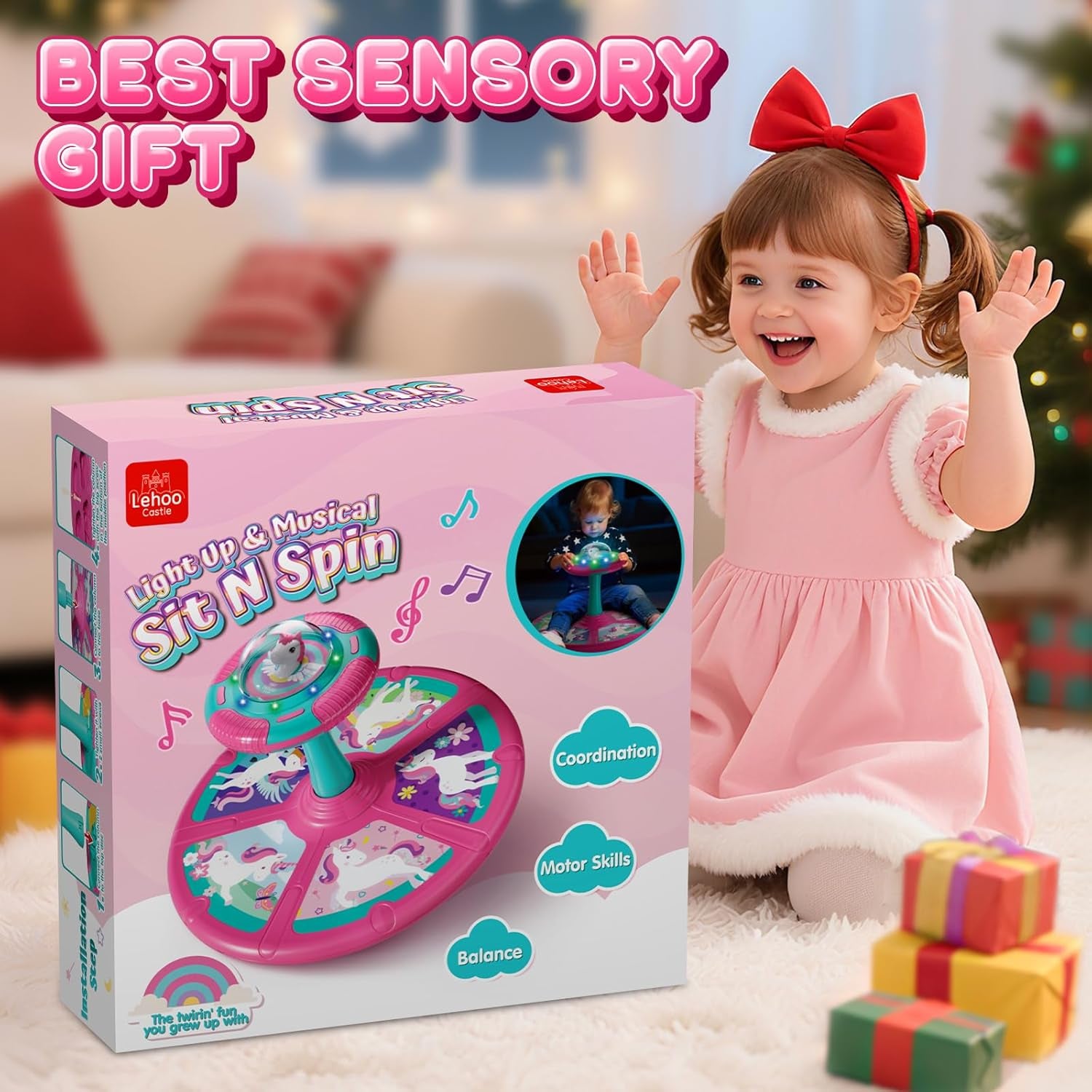 Sit and Spin Toys for Toddlers 1-3 Girls, Toddler Sit N Spin with Lights and Music, 360°Spinning Seat for Body Balance Training, Sensory Toys Birthday Gift for Kids 2-4