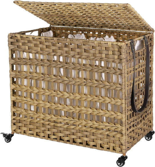 Laundry Hamper with Lid, 140L Synthetic Rattan Laundry Basket with Wheels, Clothes Hamper with 3 Removable Liner Bags, 3-Section Hampers with Handles, Laundry Room, Natural ULCB083N01