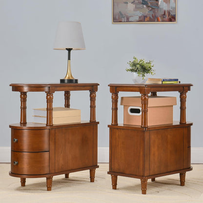 Solid Wood End Table with 2 Drawers, Narrow Sofa Side Table Slim Chair Side Table with Storage Shelf, Vintage Slim Nightstand Bedside Table, Beewax Tone，Bg-A508-Mg