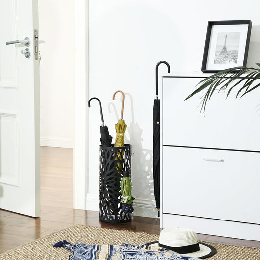 Umbrella Stand, Umbrella Holder for Entryway, Steel round Umbrella Rack Freestanding, for Canes Walking Sticks, with a Detachable Drip Tray, 2 Long and 2 Short Hooks, Matte Black ULUC022B01