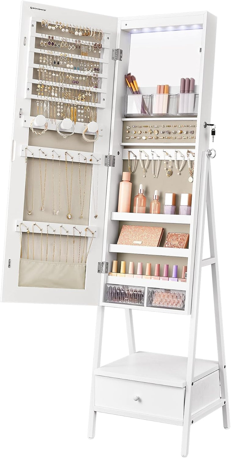 LED Cabinet Standing, Lockable Jewelry Armoire with Full-Length Mirror, Space-Saving Jewelry Organizer with Mirror, Bottom Drawer and Shelf, Gift Idea, Rustic Brown UJJC025X01