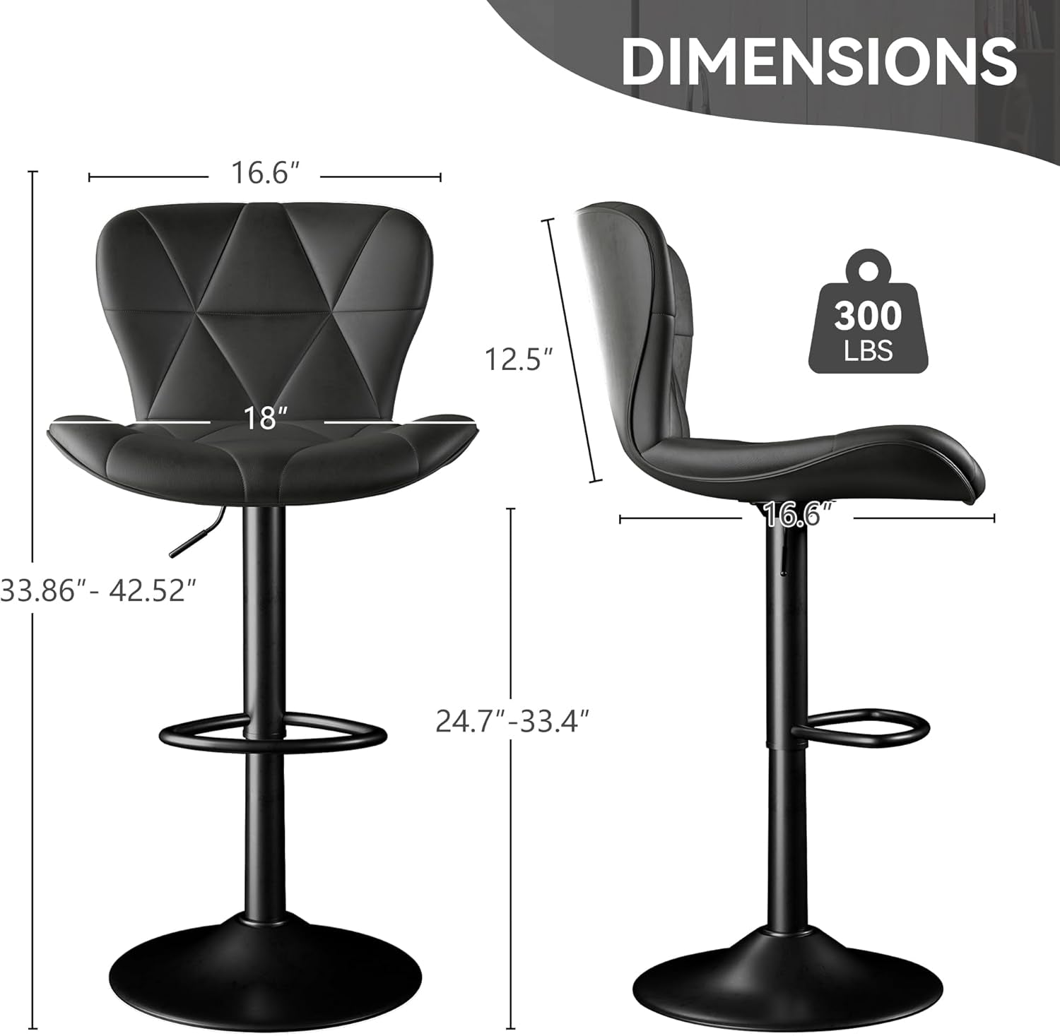 Bar Stools Set of 2,Adjustable Swivel Barstools, Faux Leather Bar Chairs,Upholstered Counter Height with High Backrest for Kitchen Island, Black