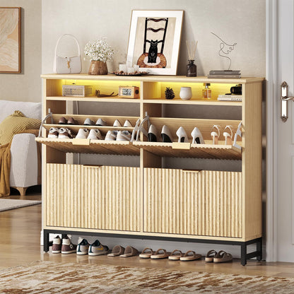 Fluted Shoe Storage Cabinet with 4 Flip Drawers, 47.24" Narrow Shoe Organizer Cabinet with LED Light, Slim Freestanding Shoe Rack Cabinet, Wooden Hidden Shoe Cabinet for Entryway, Hallway(Natural Oak)