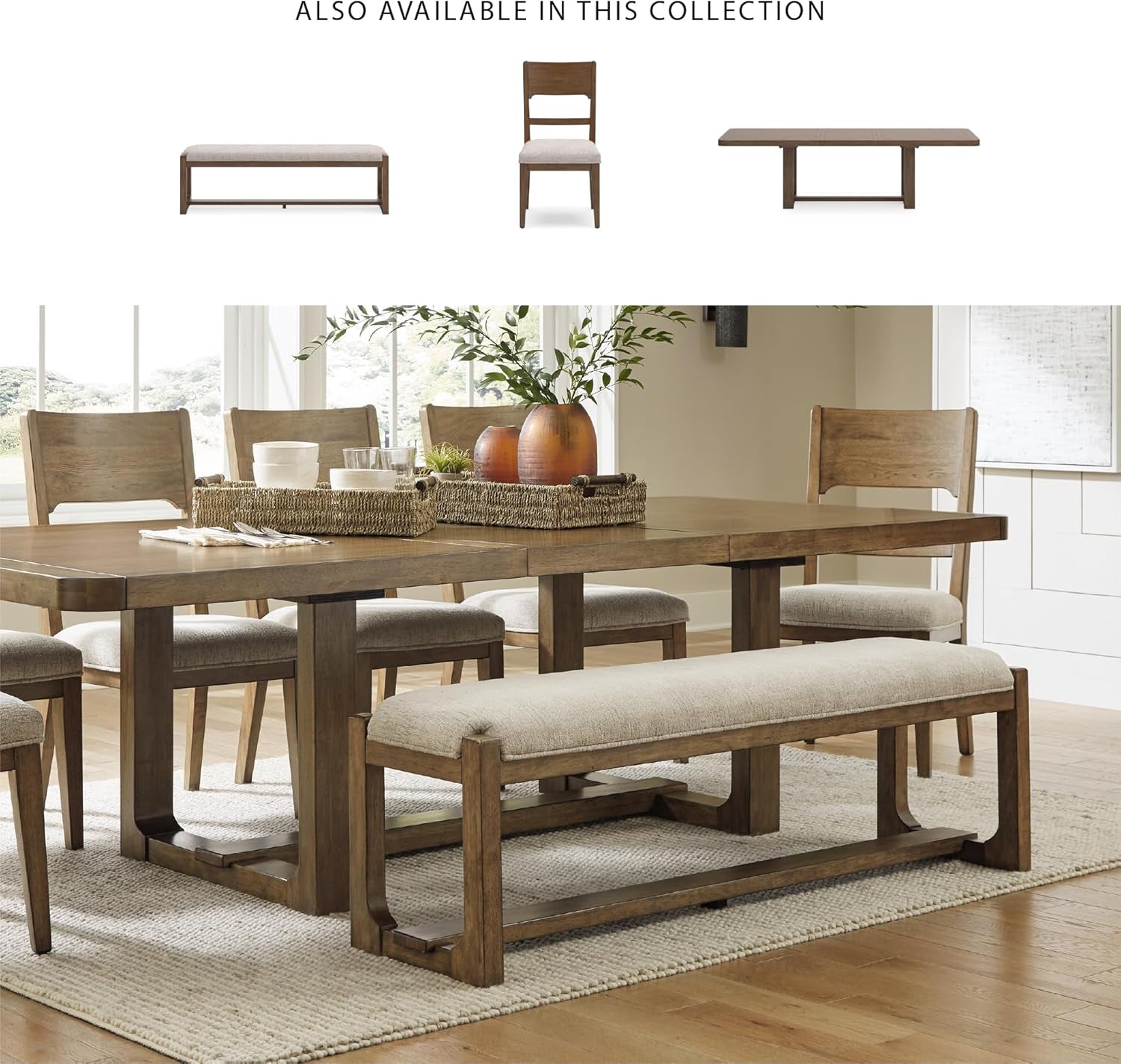 Signature Design by Ashley Cabalynn Farmhouse Upholstered Dining Bench, Foam Cushion, Hardwood Solids, 63.5" W X 16.5" D X 19.75" H, Beige & Light Brown