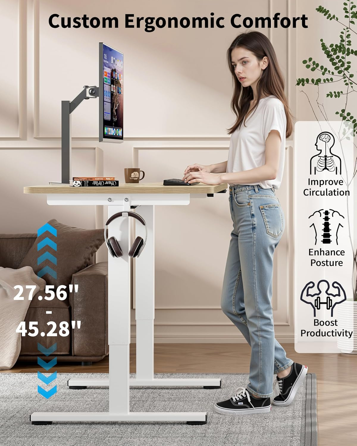 Small Electric Standing Desk, 36" X 24" Whole Piece Height Adjustable Desk, Oak Sit to Stand Computer Workstation with Wheels for Home Office