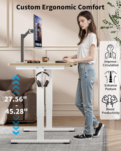 Small Electric Standing Desk, 36" X 24" Whole Piece Height Adjustable Desk, Oak Sit to Stand Computer Workstation with Wheels for Home Office