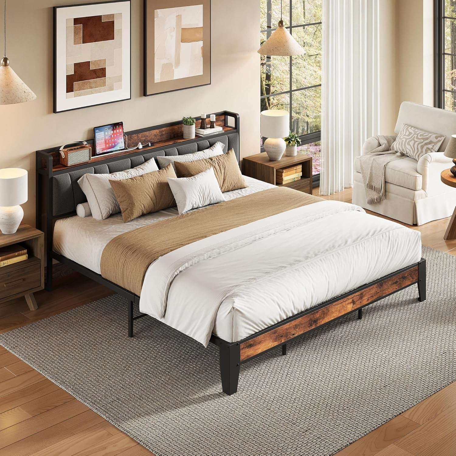 King Size Bed Frame, Storage Headboard with Charging Station, Solid and Stable, Noise Free, No Box Spring Needed, Easy Assembly