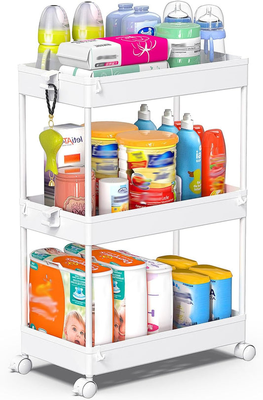 Storage Rolling Cart, 3 Tier Laundry Room Organization Utility Cart Bathroom Organizer Mobile Shelving Unit Shelves Multi-Functional Trolley, White